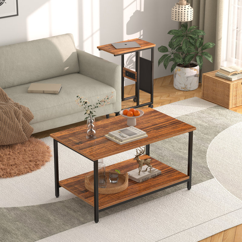 Nesting Coffee Table Set Of 2 Rectangle Center Table And C Shaped End Table With Charging Station Side Pouch For Living Room Bedroom Small Space